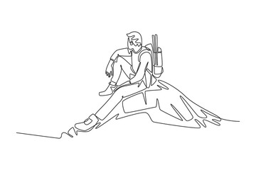 Traveler Valley Mountain concept. Single line draw design. Vector graphic illustration