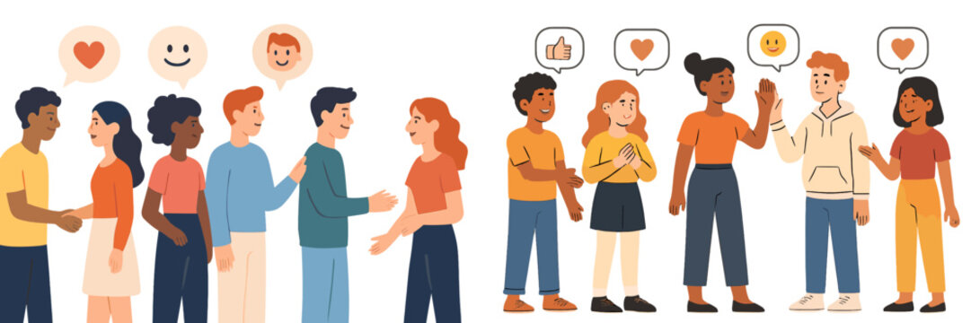 Two groups of diverse people interacting with friendly gestures and positive feedback icons in speech bubbles