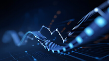A dynamic analytics dashboard pulses with AI driven trend visuals 3D rendered data flows curving upward. The atmosphere conveys sharp insight futuristic precision and