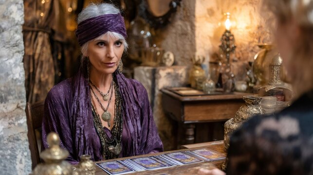 Fortune teller reading tarot cards in mystical atmosphere