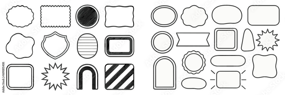 Poster set of minimalist geometric shapes and abstract modern frames for labels and stickers, collection of
