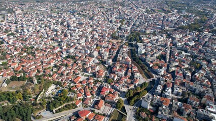 Aerial view around the mountain village Metsovo in Greece on an overcast afternoon in autumn