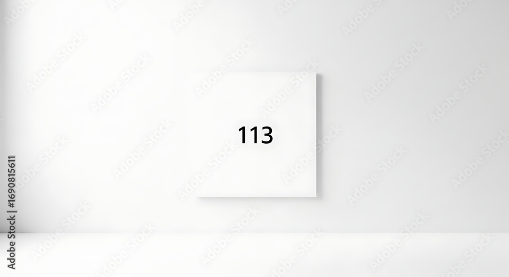 Poster clean white studio space featuring a floating panel with number 113