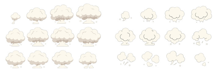 Cartoon smoke and explosion cloud animation sequence set for game effects and comic book design isolated on white background