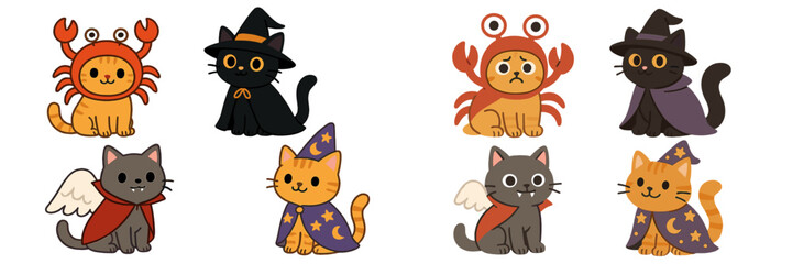 Adorable collection of cute cartoon cats in Halloween costumes featuring a witch, wizard, vampire, and crab for festive holiday party designs © Andrei