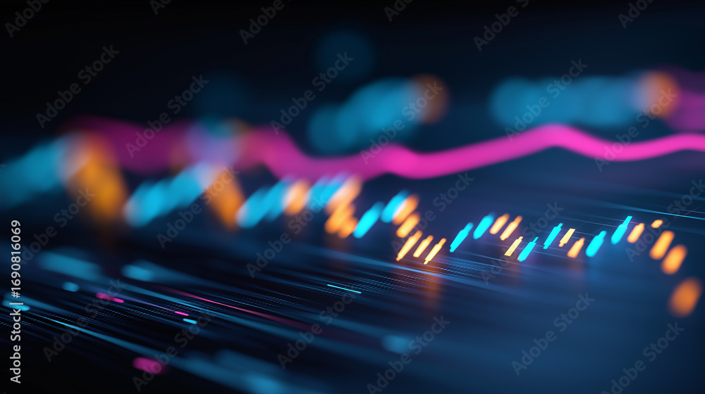 Poster a glowing 3d rendered analytics dashboard pulses with layers of trend lines and candlestick graphs r
