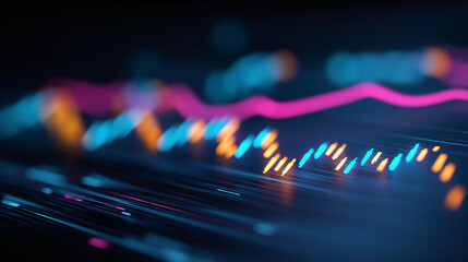 A glowing 3D rendered analytics dashboard pulses with layers of trend lines and candlestick graphs robotic precision adjusting parameters in real time. Bright neon accents