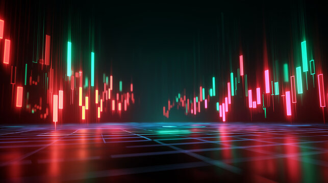 A vast trading floor reimagined as a glowing 3D interface candlestick and line charts rising in vibrant red and green. Market values flow across holographic panels suspended in