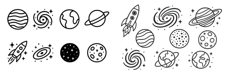 Minimalist line art of space elements with planets, galaxies, rockets, and stars for cosmic and astronomy themes