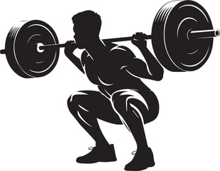 Silhouette of a powerful male fitness athlete performing a heavy barbell squat exercise for strength training.