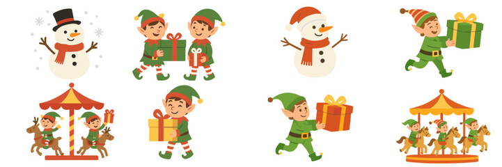 Set of cute Christmas characters with elves carrying gifts, happy snowmen, and festive carousels with reindeer and horses