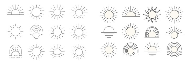 Collection of minimalist sun and sunrise line art icons for modern logos and bohemian design elements, isolated on a white background
