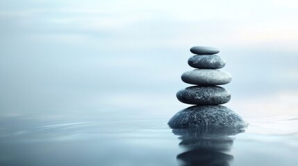 A stack of five gray stones balanced on a rock in a calm body of water.