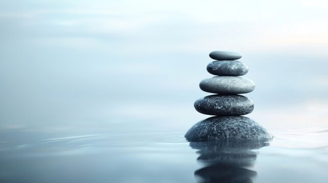 A stack of five gray stones balanced on a rock in a calm body of water.