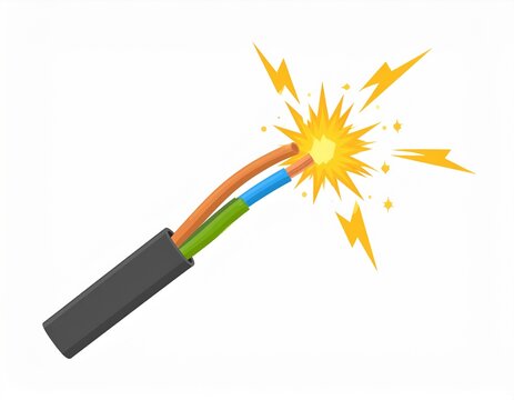 Cartoon illustration of exposed electrical wires sparking with bright yellow electricity, indicating a short circuit or danger.