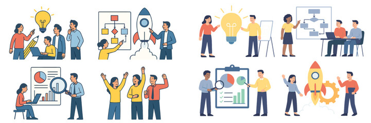 Business teamwork and startup concepts with diverse people in office scenes for project launch, data analysis, and creative idea generation