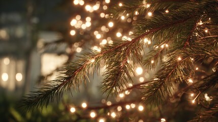 Warm Holiday Lights & Pine Branches: Festive Winter Scene