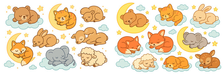 Cute collection of sleeping baby animals on clouds and moons for nursery decor and baby shower invitations