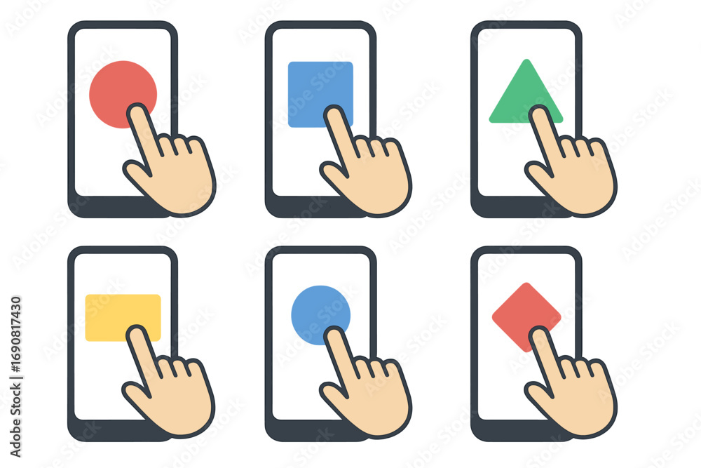 Aufkleber hand gesture icons for smartphone touch screen interaction, showing a finger pressing colorful app b