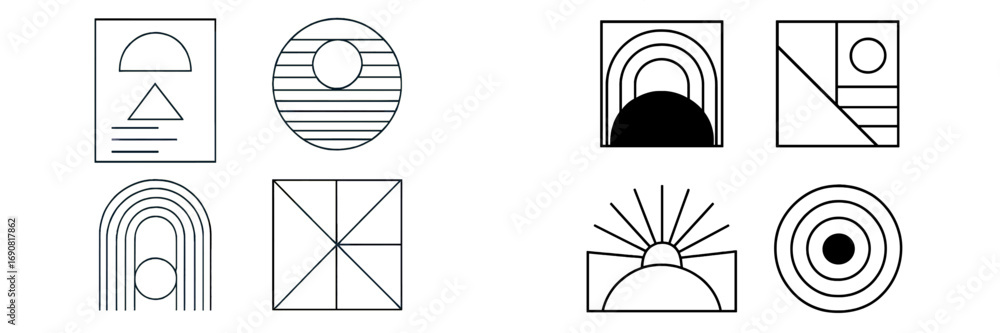 Poster set of minimalist geometric shapes and abstract symbols in a modern line art style for logo design o
