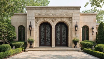 Obraz premium Elegant Front Door of Mansion with Stone Facade, Wall Sconces, Symmetrical Landscaping, and Driveway Lighting