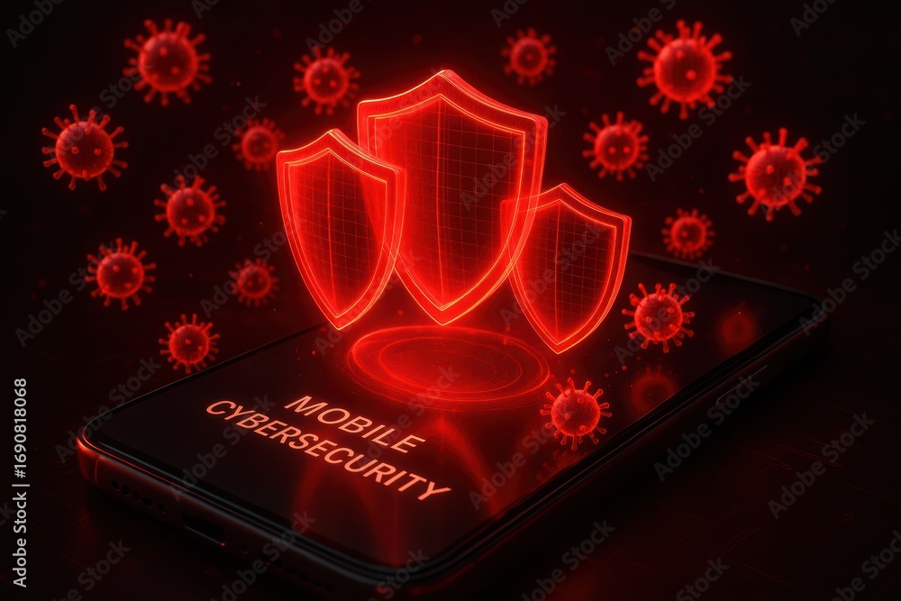 Poster mobile cybersecurity shield: a conceptual image portraying mobile cybersecurity, with a digital shie
