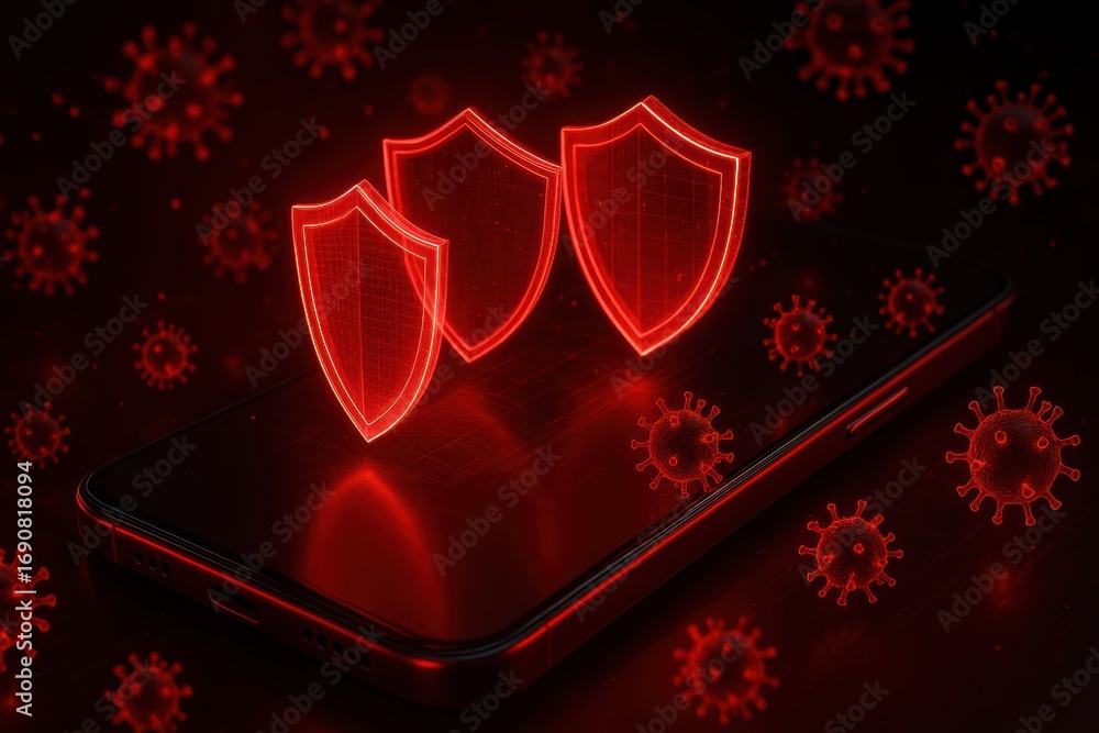 Poster digital fortress: glowing shields illuminate a smartphone, embodying the concepts of cybersecurity a