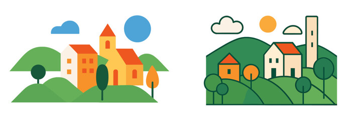 Minimalist geometric village landscapes with houses and trees on green hills, two flat design concepts of a rural town scene