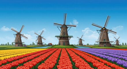 Vibrant Rows of Red Yellow and Purple Tulips Blooming in Front of Traditional Dutch Windmills Under a Sunny Sky