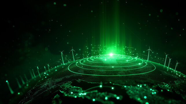 A futuristic energy hub glows with luminous green holograms projecting global sustainability metrics. Eco friendly turbines and solar panels appear as radiant icons orbiting a