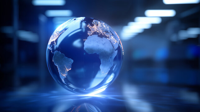 A vast holographic globe floats in the center of a digital command hall glowing with luminous business networks. Streams of data connect continents forming vibrant constellations