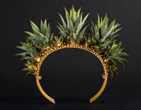 A golden headband is adorned with pineapple tops, creating a unique and decorative crown against a dark background. - Powered by Adobe