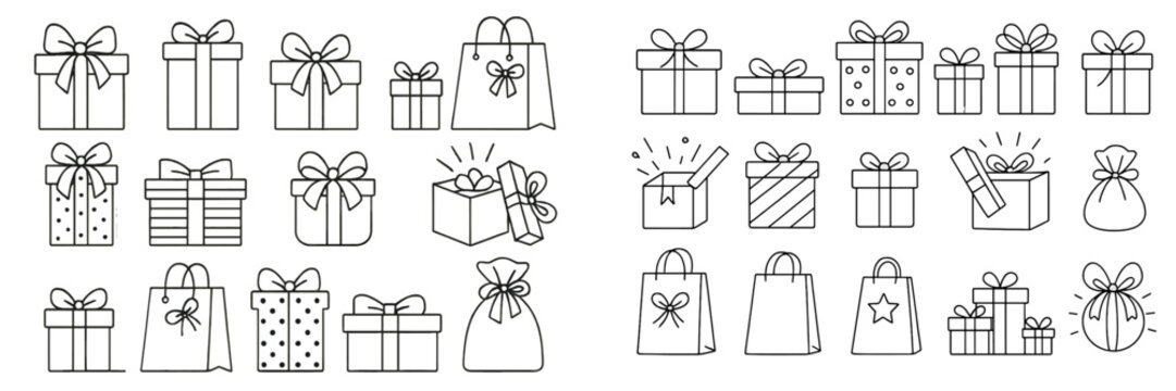Set of gift box and present line icons for holiday celebration and shopping concepts on a white background