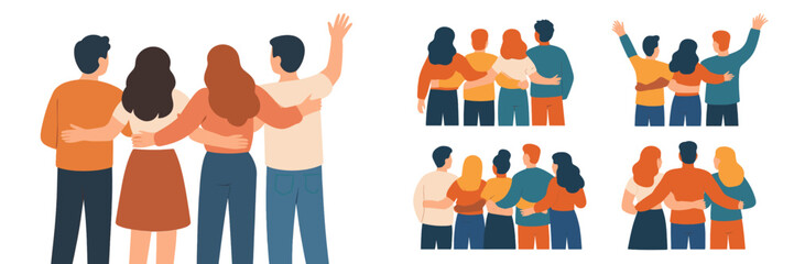 A collection of diverse friend groups seen from behind, hugging and showing support and unity in a flat style isolated on a white background