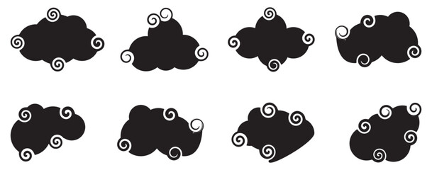 Set of chinese cloud icon. Set of japanese cloud. Asian clouds. Collection of stylized, decorative clouds in various shapes and sizes. Black and white asian style cloud vector.