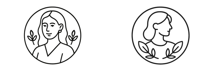 Obraz premium Minimalist line art icon set of a woman's portrait with leaves, front view and profile view for a natural beauty logo