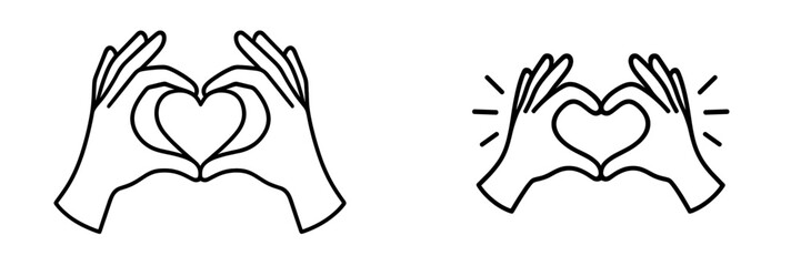 Hands making a heart shape line art icon set. Love and care symbol gesture. Simple black and white doodle for social media