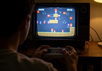 A person playing a retro 8-bit video game on an old television set, holding a handheld console.