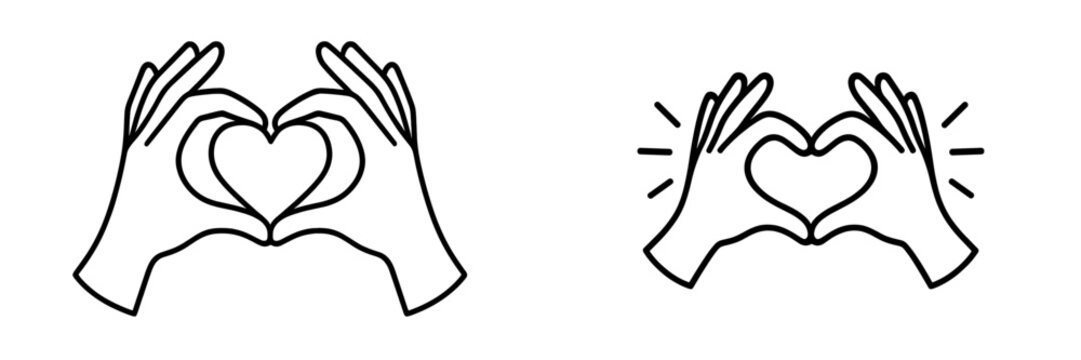 Hands making a heart shape line art icon set. Love and care symbol gesture. Simple black and white doodle for social media