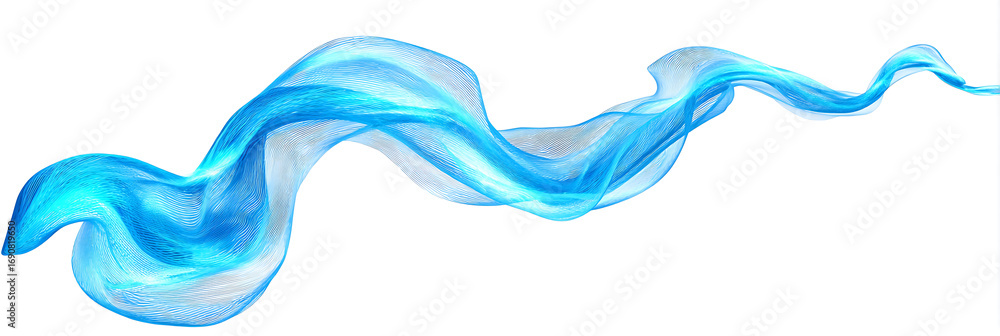 Poster a graceful, flowing wave of translucent blue fabric or smoke, creating an ethereal and dynamic abstr