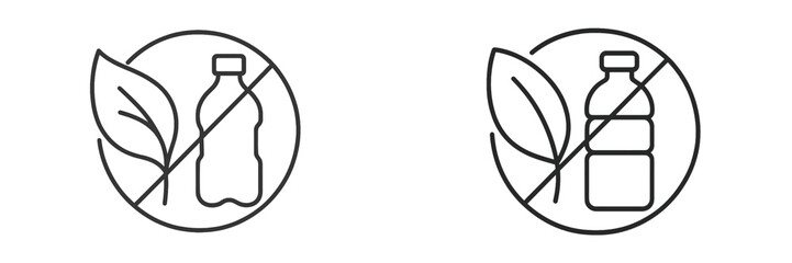 Plastic free and biodegradable material icon set with a crossed out bottle and leaf symbol for eco friendly packaging
