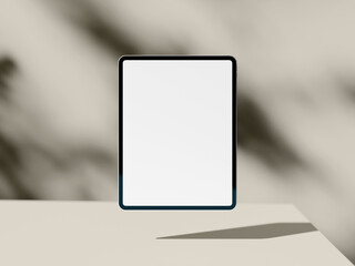 Minimal tablet screen mockup with shadow on beige abstract background