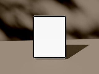 Dark tone tablet mockup with shadow on brown blurred background