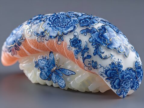 elegant salmon nigiri sushi art poster: intricate blue floral porcelain patterns & vintage bee motif - perfect for enhancing sports interior decor with artistic culinary aesthetics