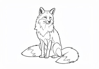 Fototapeta premium A detailed line art illustration of a fox sitting upright, looking towards the left with a fluffy tail.