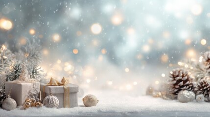 A dreamy winter holiday scene with gift boxes, ornaments, snow, pinecones, and sparkling lights creating a festive background