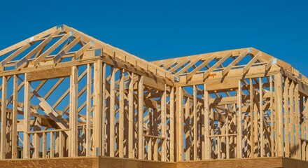 Wooden Frame House Under Construction Against Clear Blue Sky