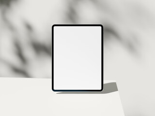 Bright tablet screen mockup with shadow on white smooth background