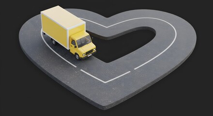 Yellow Delivery Truck on Heart-shaped Road in Black Background