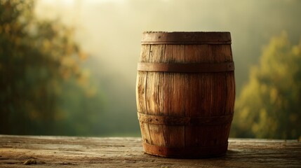 Naklejka premium Rustic wooden barrel surrounded by nature at sunrise